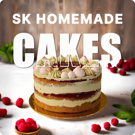 SK Homemade Cakes branding image featuring a layered cake topped with cream and berries, showcasing the bakery's artisanal dessert offerings
